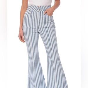 AVEC LES FILLES Stripe High Waist Super Flare Jeans Blue White Fray Hem 30 31